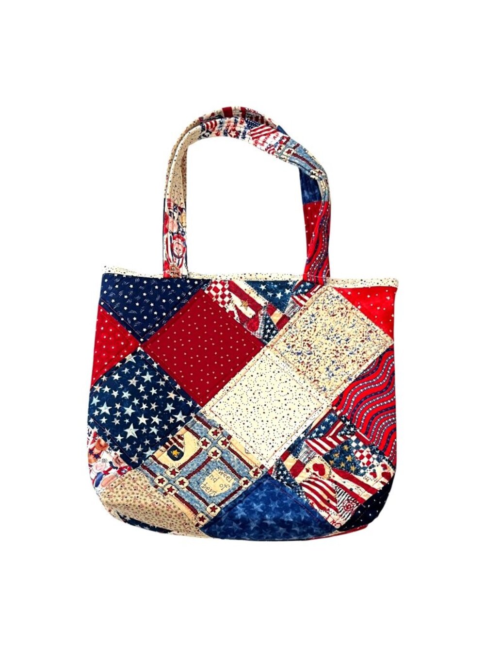 Quilted Patriotic Patchwork Tote Bag 12x12 Handmade Americana USA Project Purse